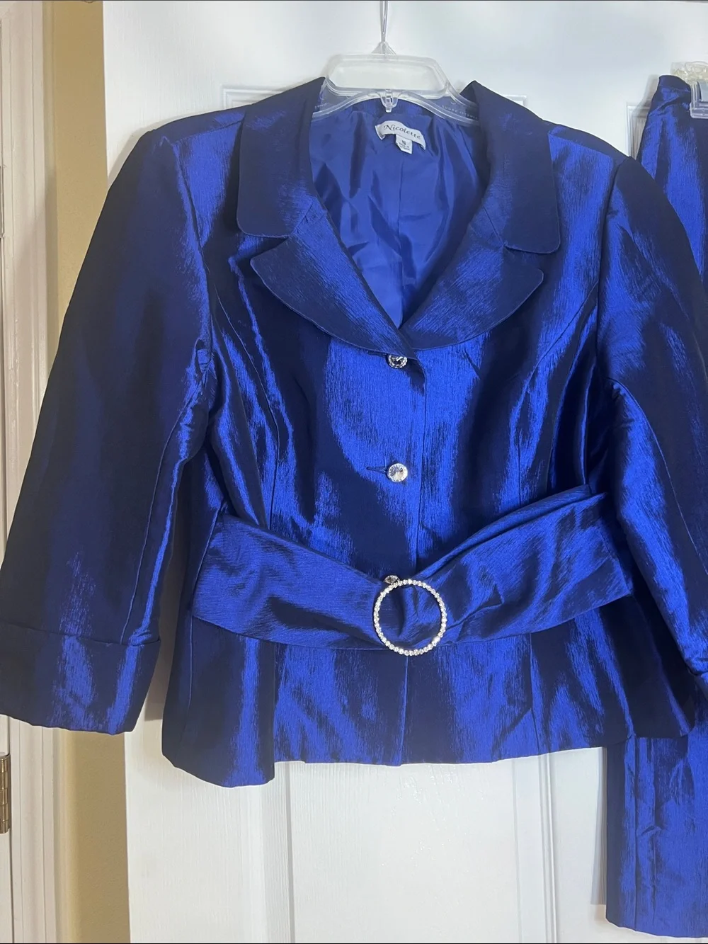 Women's Cobalt Satin Pencil Skirt with Matching Jacket - Elegant Two-Piece